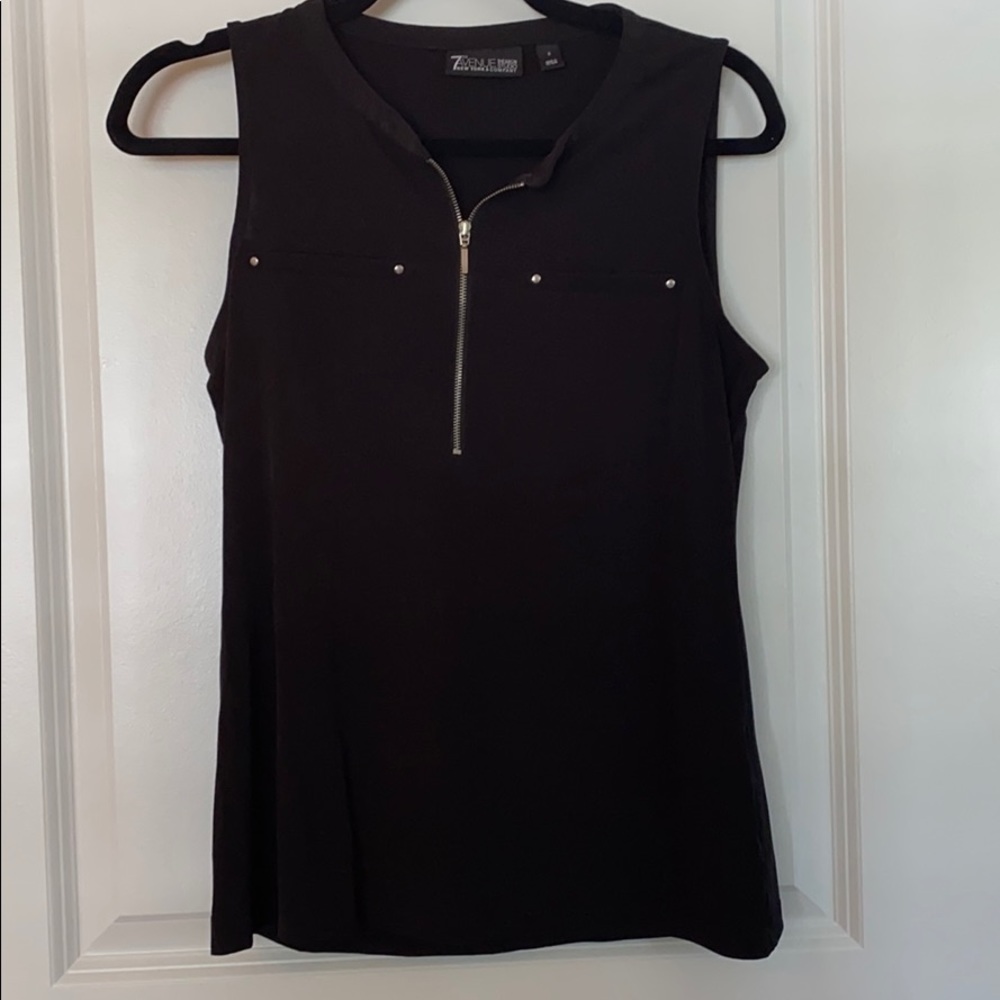 Black sleeveless top with front zipper